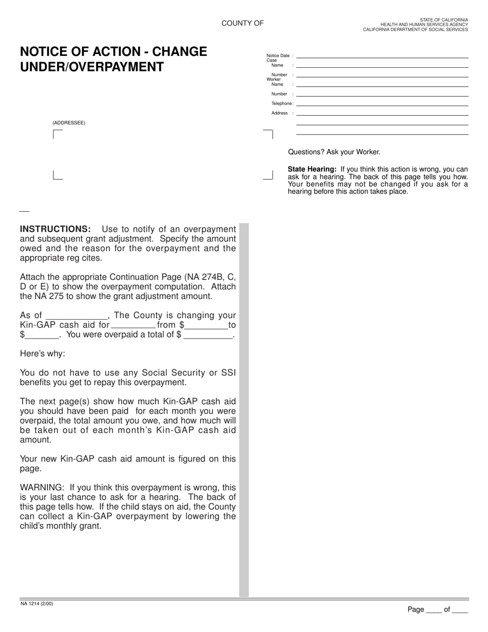 Form NA1214 Notice of Action - Change Under/Overpayment - California, Page 1