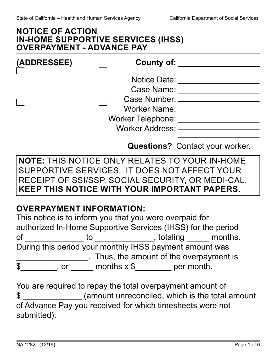 Form NA1282L Notice of Action in-Home Supportive Services (Ihss) Overpayment - Advance Pay - California, Page 1