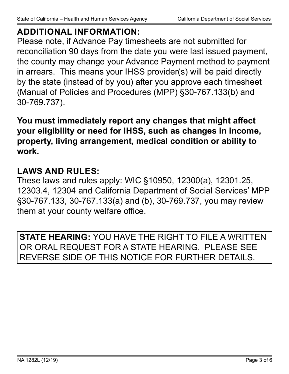 Form NA1282L Notice of Action in-Home Supportive Services (Ihss) Overpayment - Advance Pay - California, Page 3