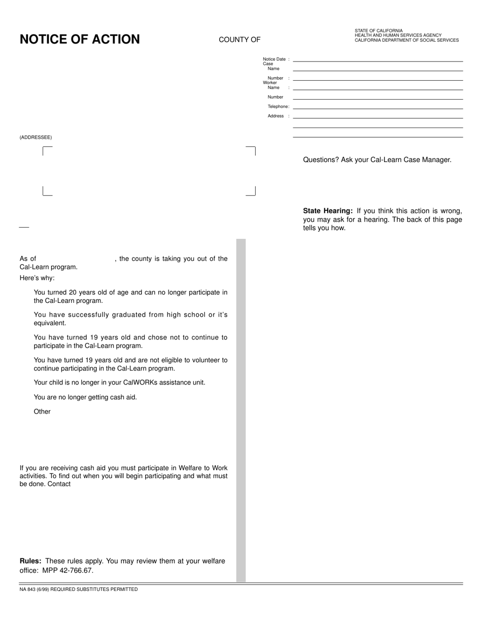 Form NA843 Notice of Action - Ineligible - California, Page 1