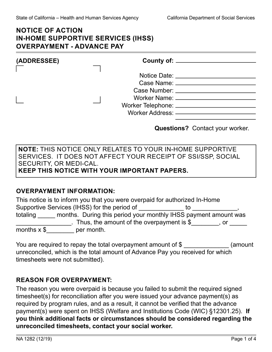 Form NA1282 Notice of Action in-Home Supportive Services (Ihss) Overpayment - Advance Pay - California, Page 1