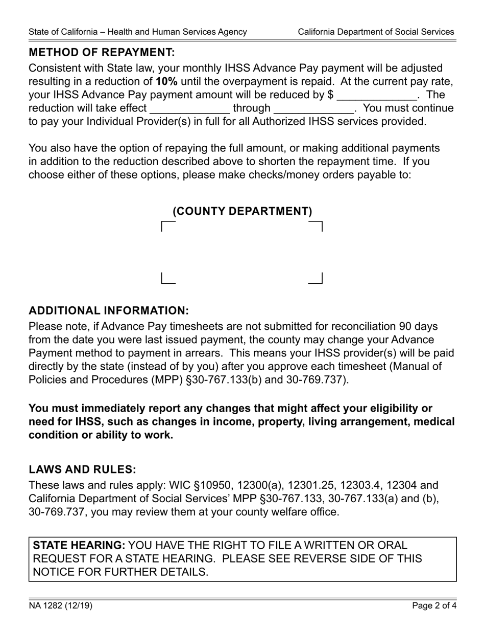 Form NA1282 Notice of Action in-Home Supportive Services (Ihss) Overpayment - Advance Pay - California, Page 2