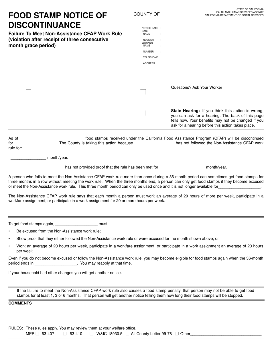 Form NA994 Food Stamp Notice of Discontinuance (Failure to Meet Non-assistance Cfap Work Requirement (Violation Prior to Three Consecutive Month Grace Period) - California, Page 1