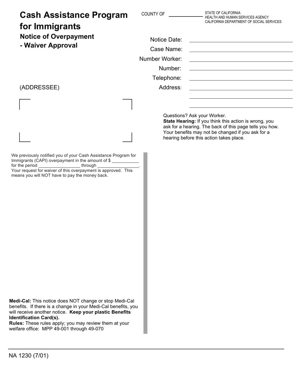 Form NA1230 Cash Assistance Program for Immigrants Notice of Overpayment - Waiver Approval - California, Page 1