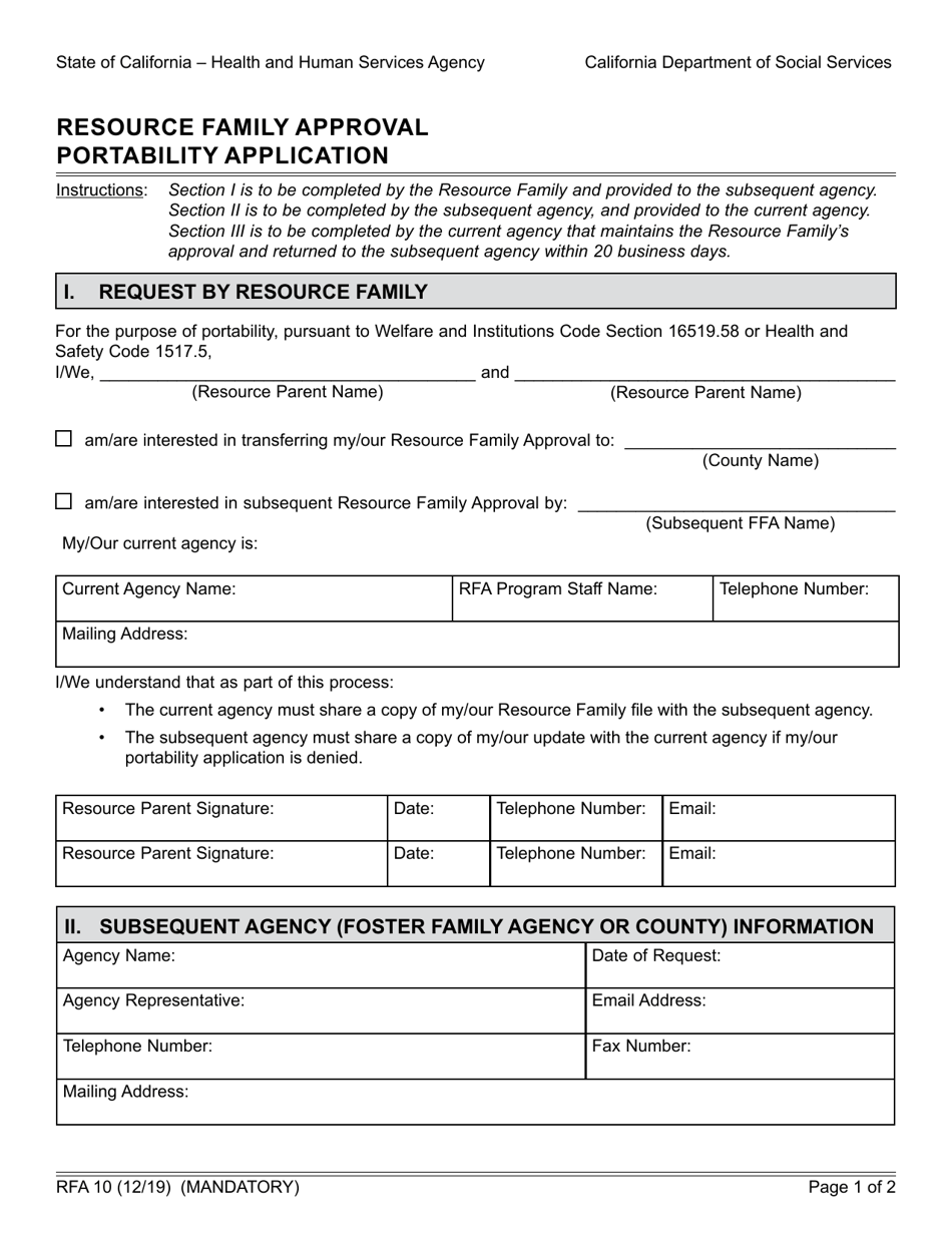 Form RFA10 Resource Family Approval Portability Application - California, Page 1
