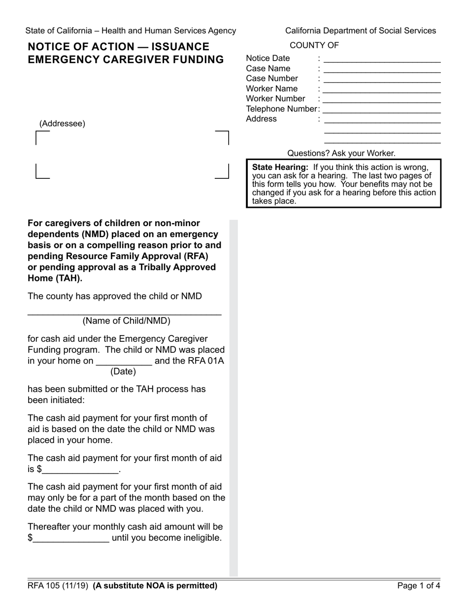 Form RFA105 Notice of Action - Issuance Emergency Caregiver Funding - California, Page 1