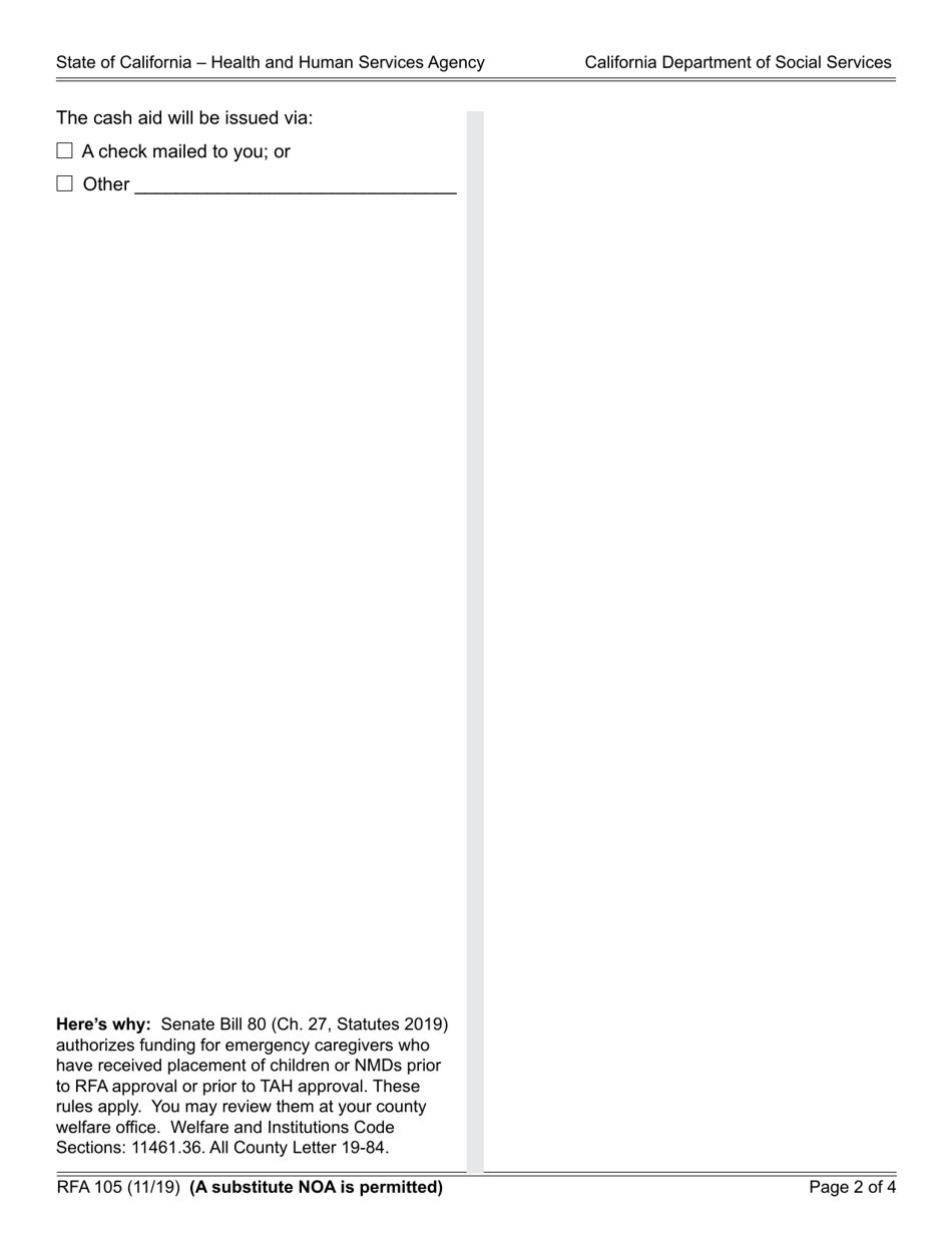 Form RFA105 Notice of Action - Issuance Emergency Caregiver Funding - California, Page 2
