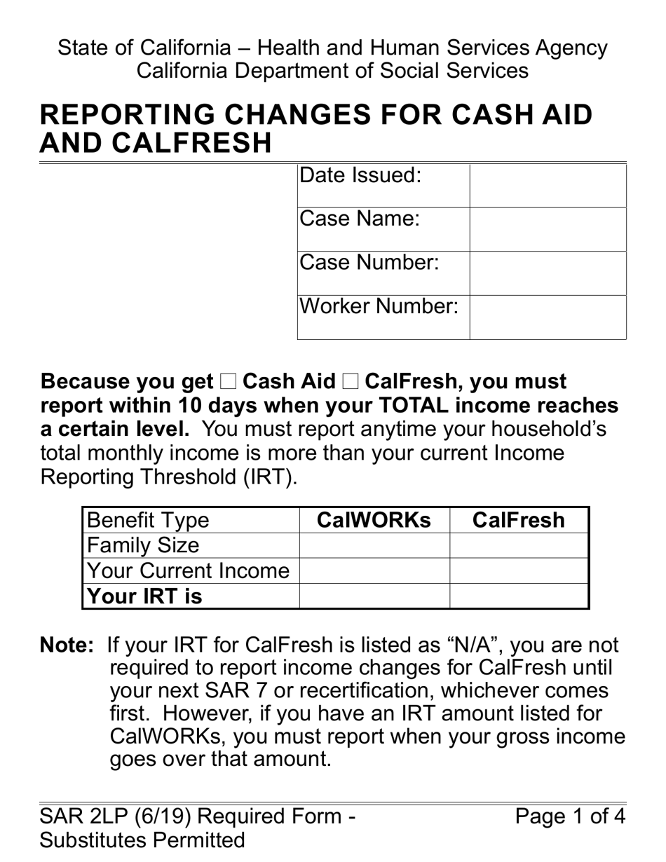 Form SAR2LP Reporting Changes for Cash Aid and Calfresh - California, Page 1