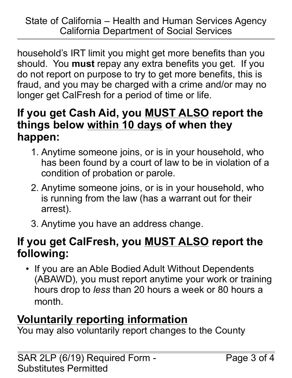 Form SAR2LP Reporting Changes for Cash Aid and Calfresh - California, Page 3