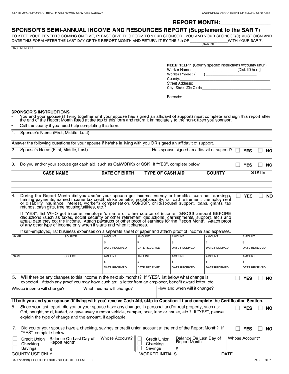 Form SAR72 Sponsors Semi-annual Income and Resources Report - California, Page 1