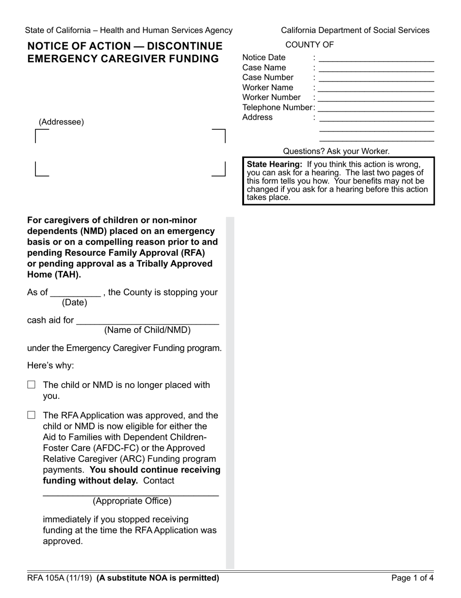 Form RFA105A Notice of Action - Discontinue Emergency Caregiver Funding - California, Page 1