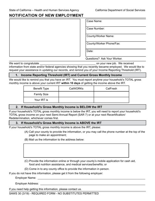 Form SAWS30 Notification of New Employment - California
