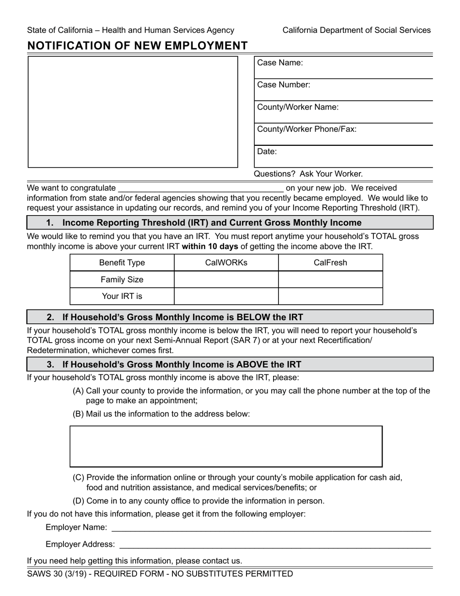 Form SAWS30 Notification of New Employment - California, Page 1