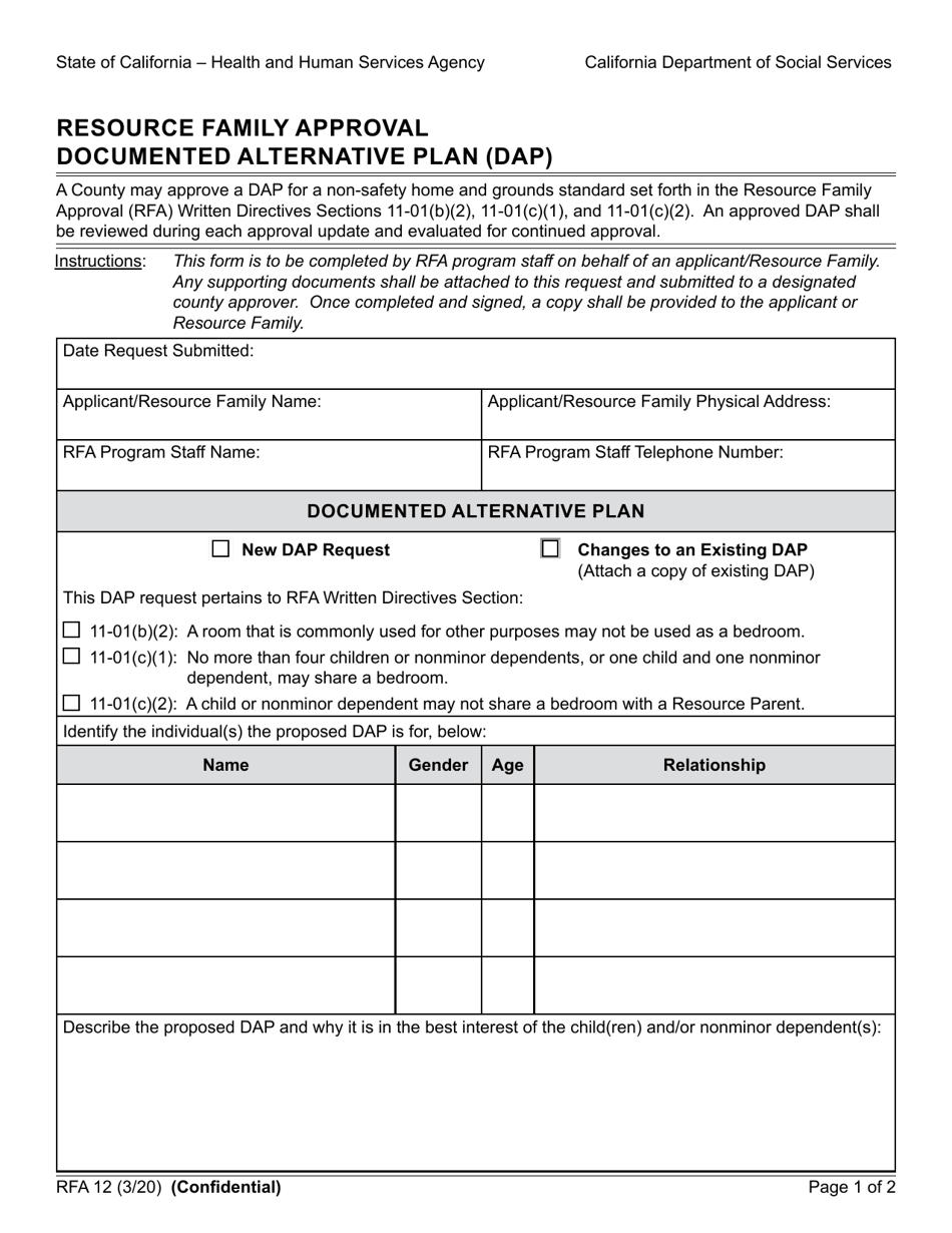 Form RFA12 Resource Family Approval Documented Alternative Plan (Dap) - California, Page 1