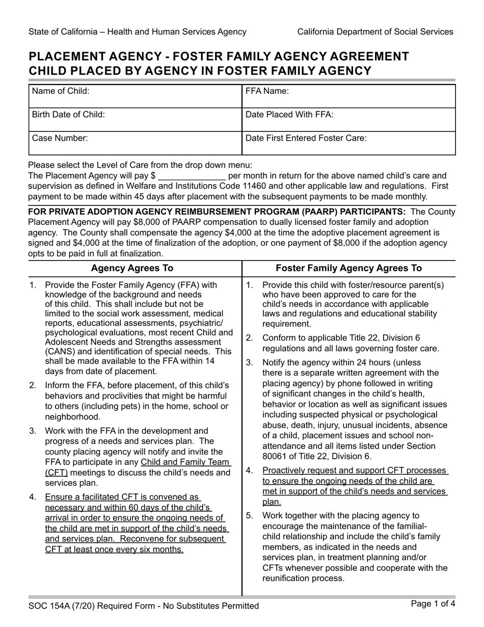 Form SOC154A Placement Agency - Foster Family Agency Agreement Child Placed by Agency in Foster Family Agency - California, Page 1
