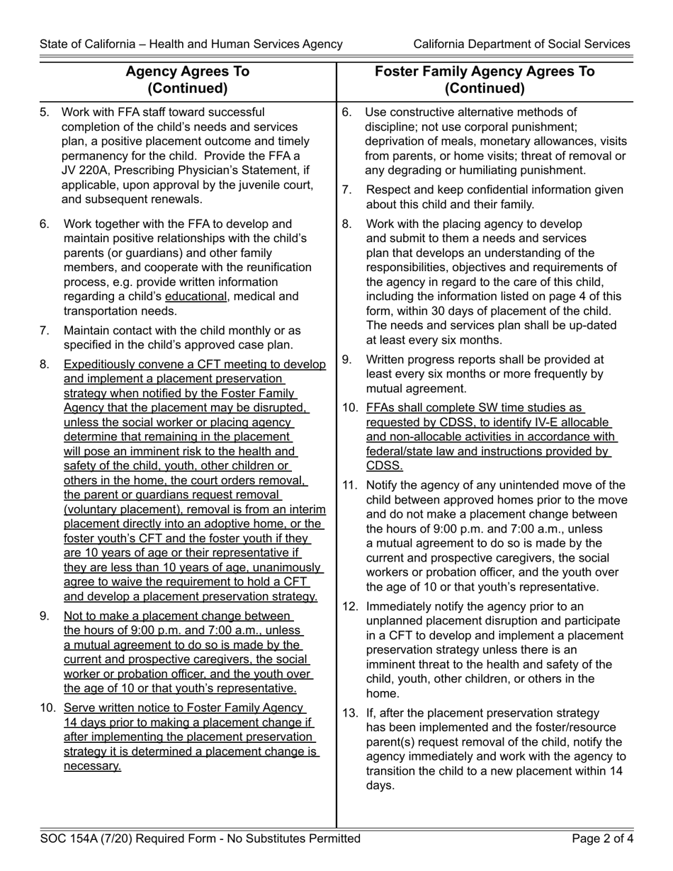 Form SOC154A Placement Agency - Foster Family Agency Agreement Child Placed by Agency in Foster Family Agency - California, Page 2