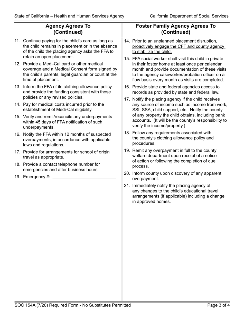 Form SOC154A Placement Agency - Foster Family Agency Agreement Child Placed by Agency in Foster Family Agency - California, Page 3