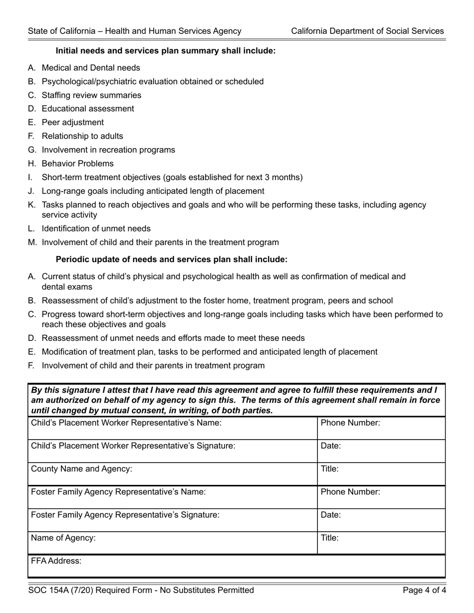 Form SOC154A Placement Agency - Foster Family Agency Agreement Child Placed by Agency in Foster Family Agency - California, Page 4