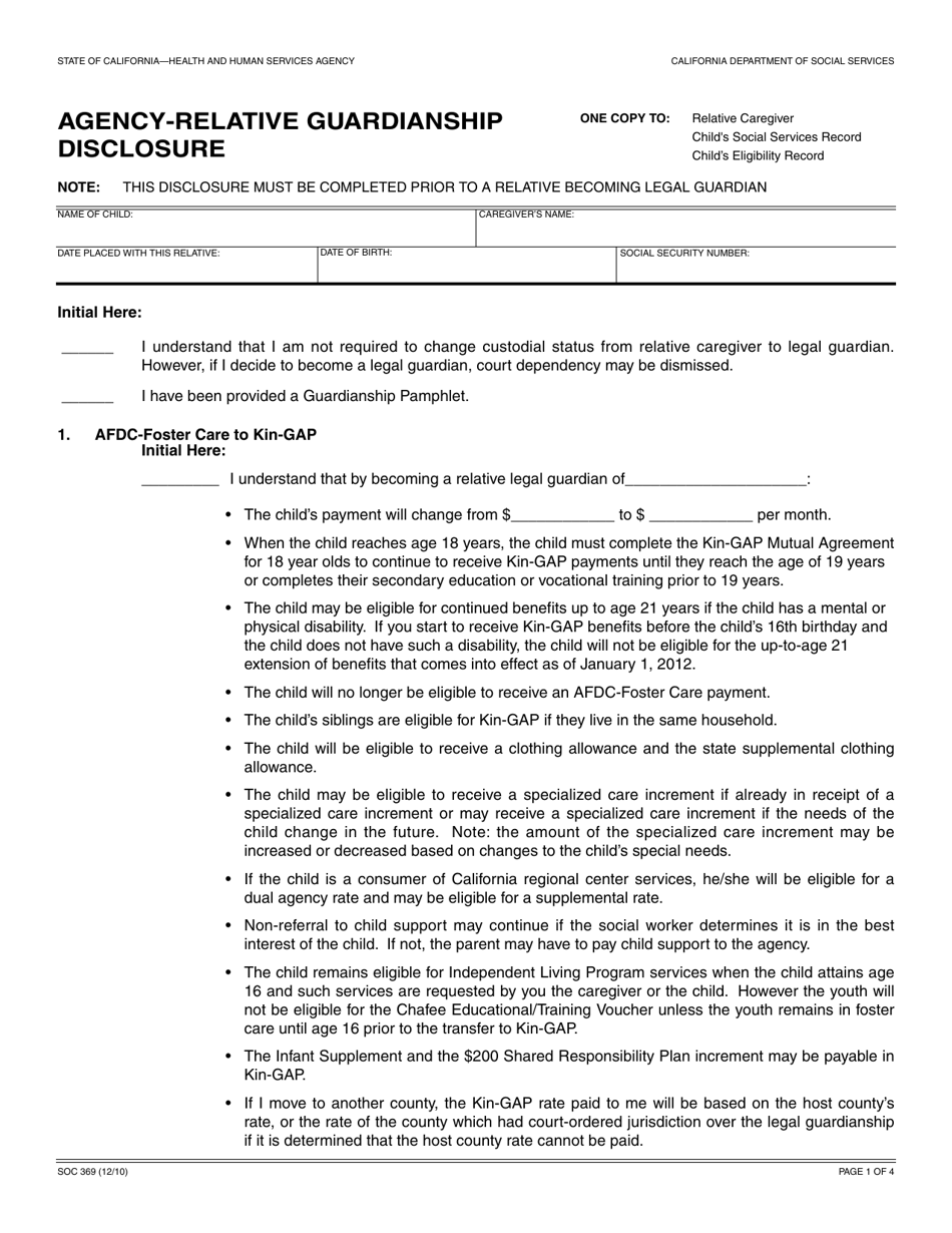 Form SOC369 Agency-Relative Guardianship Disclosure - California, Page 1