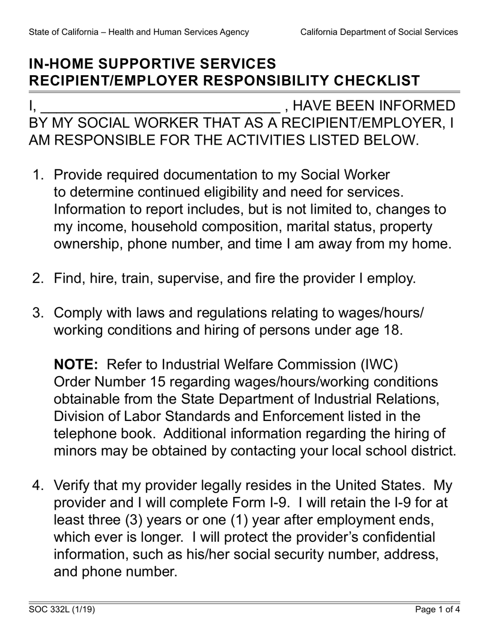 Form SOC332L In-home Supportive Services Recipient / Employer Responsibility Checklist - California, Page 1