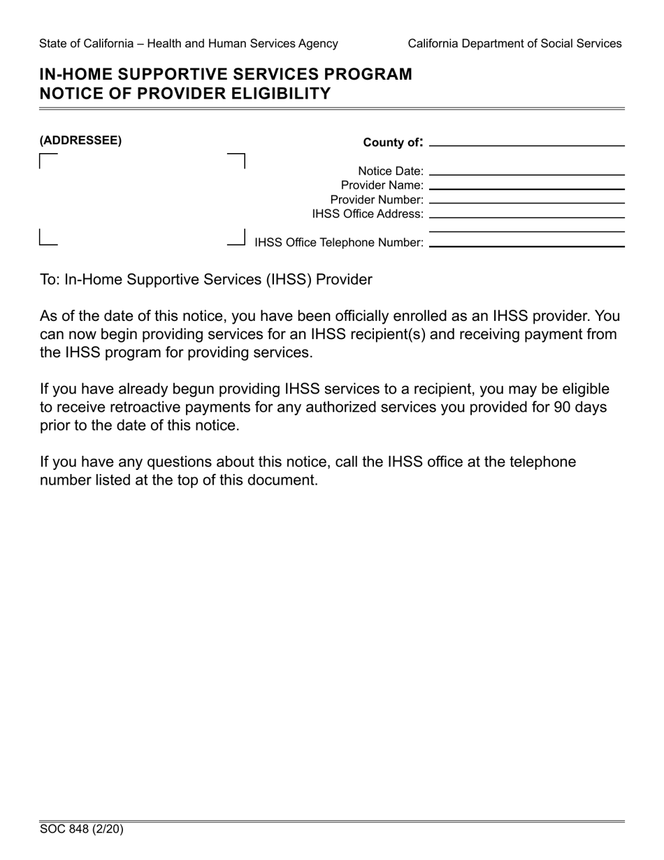 Form SOC848 In-home Supportive Services Program Notice of Provider Eligibility - California, Page 1