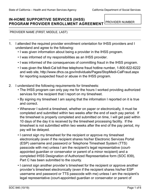Form SOC846 In-home Supportive Services (Ihss) Program Provider Enrollment Agreement - California