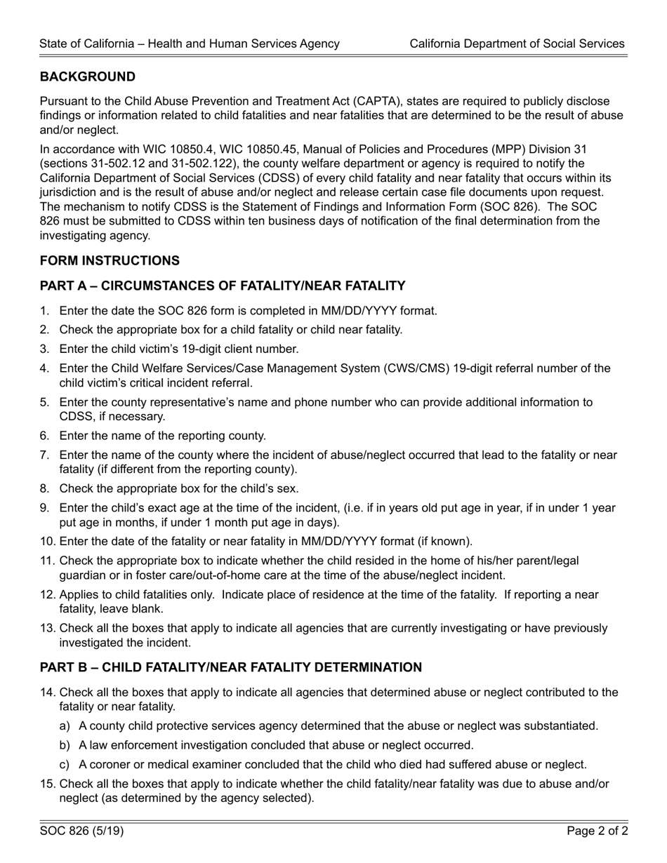Form SOC826 Child Fatality / Near Fatality County Statement of Findings and Information - California, Page 2
