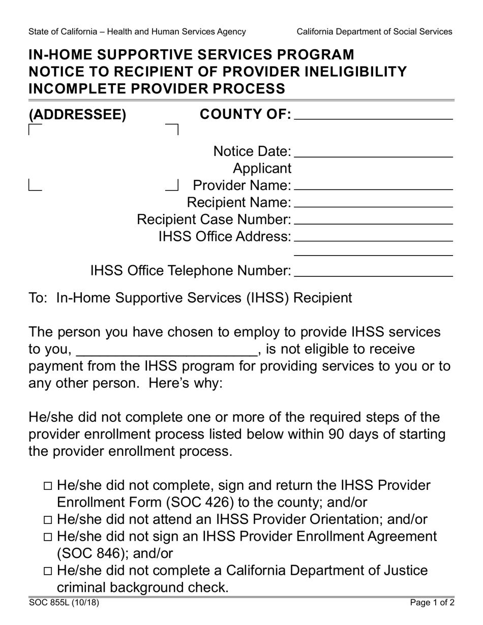 Form SOC855L In-home Supportive Services Program Notice to Recipient of Provider Ineligibility Incomplete Provider Process - California, Page 1