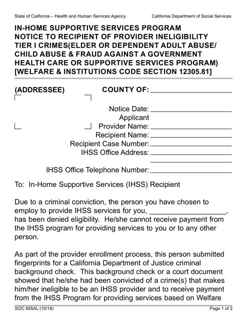 Form SOC855AL Ihss Program Notice to Recipient of Provider Ineligibility Tier 1 Crimes (Elder or Dependent Adult Abuse/Child Abuse & Fraud Against a Government Health Care or Supportive Services Program) - California