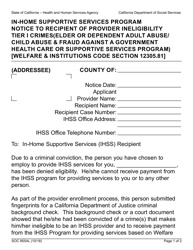 Form SOC855AL Ihss Program Notice to Recipient of Provider Ineligibility Tier 1 Crimes (Elder or Dependent Adult Abuse/Child Abuse &amp; Fraud Against a Government Health Care or Supportive Services Program) - California
