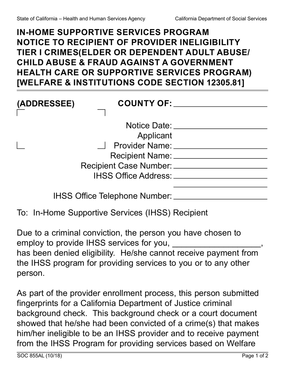 Form SOC855AL Ihss Program Notice to Recipient of Provider Ineligibility Tier 1 Crimes (Elder or Dependent Adult Abuse / Child Abuse  Fraud Against a Government Health Care or Supportive Services Program) - California, Page 1