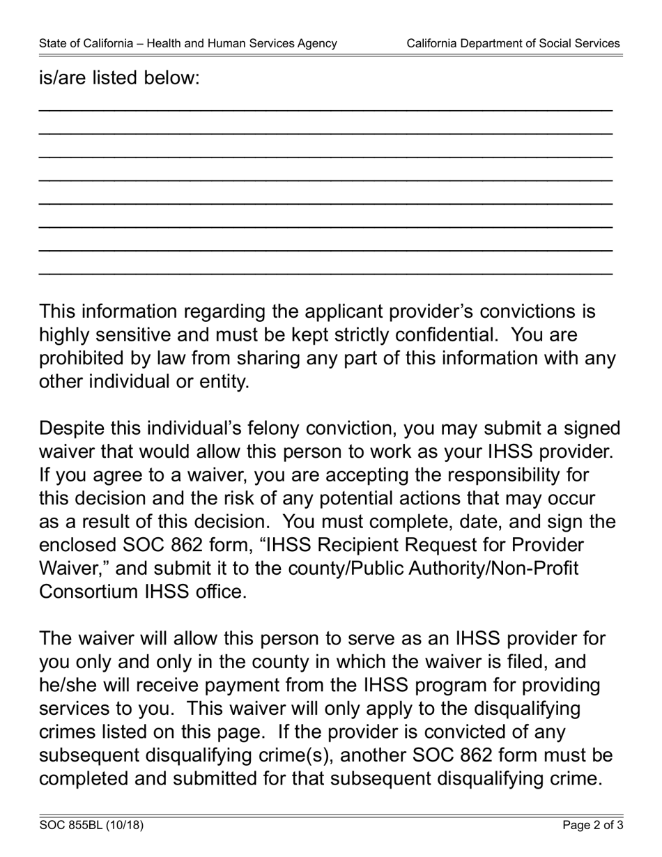 Form SOC855BL Ihss Program Notice to Recipient of Provider Ineligibility Tier 2 Crimes (Serious / Violent Felonies; Sex Offender Felonies; Fraud Against Government Agencies) - California, Page 2