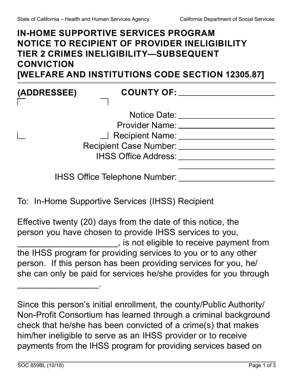 Form SOC859BL In-home Supportive Services Program Notice to Recipient of Provider Ineligibility Tier 2 Crimes Ineligibility-Subsequent Conviction - California, Page 1
