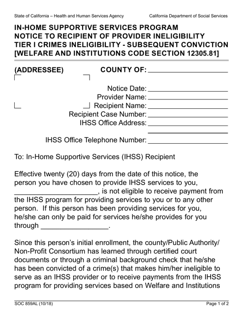 Form SOC859AL In-home Supportive Services Program Notice to Recipient of Provider Ineligibility Tier I Crimes Ineligibility - Subsequent Conviction - California