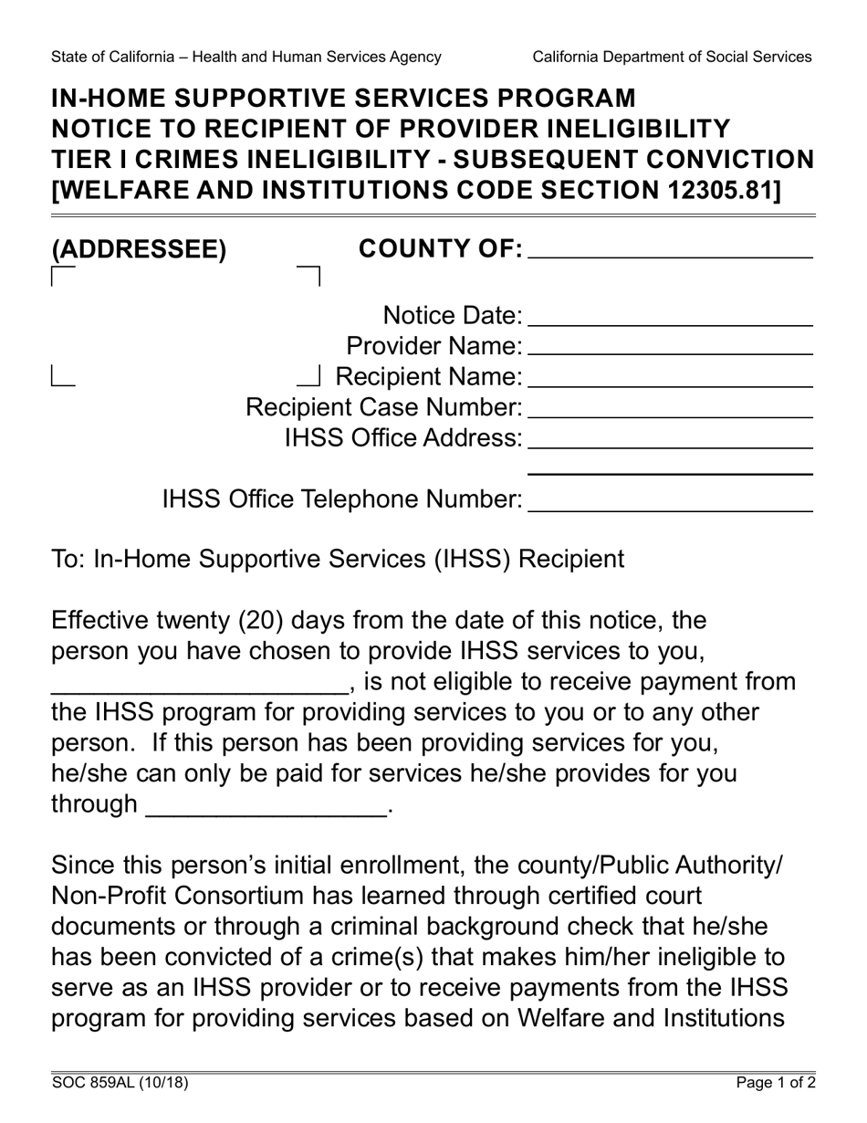 Form SOC859AL In-home Supportive Services Program Notice to Recipient of Provider Ineligibility Tier I Crimes Ineligibility - Subsequent Conviction - California, Page 1