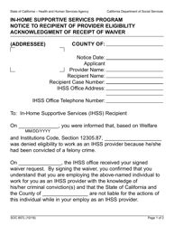 Document preview: Form SOC857L In-home Supportive Services Program Notice to Recipient of Provider Eligibility Acknowledgment of Receipt of Waiver - California