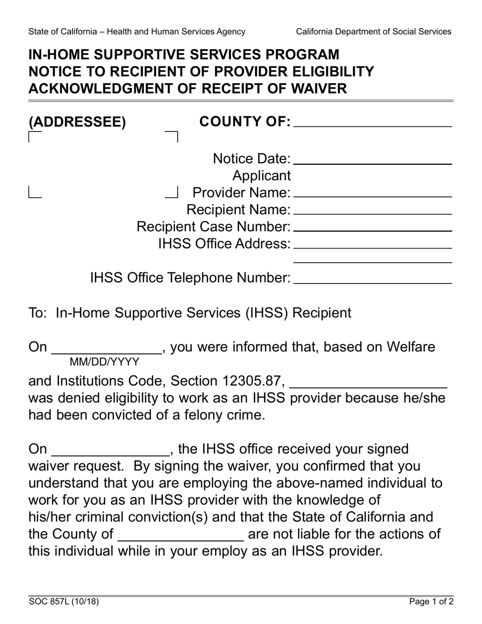 Form SOC857L In-home Supportive Services Program Notice to Recipient of Provider Eligibility Acknowledgment of Receipt of Waiver - California, Page 1