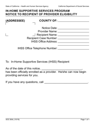 Document preview: Form SOC854L In-home Supportive Services Program Notice to Recipient of Provider Eligibility - California