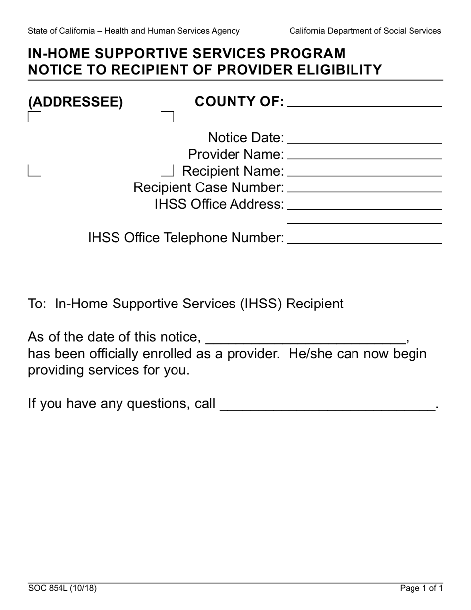 Form SOC854L In-home Supportive Services Program Notice to Recipient of Provider Eligibility - California, Page 1