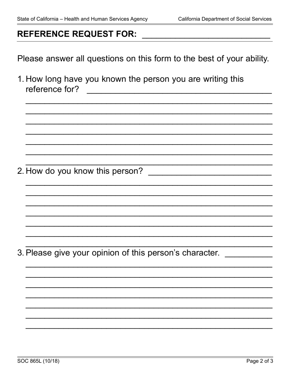 Form SOC865L In-home Supportive Services (Ihss) Request for Applicant Provider Reference - California, Page 2
