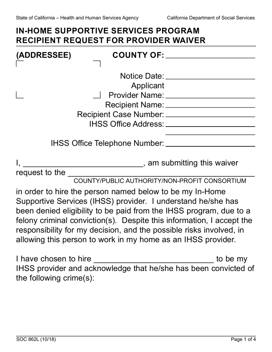 Form SOC862L In-home Supportive Services Program Recipient Request for Provider Waiver - California, Page 1