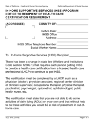 Document preview: Form SOC875L In-home Supportive Services (Ihss) Program Notice to Recipient of Health Care Certification Requirement - California