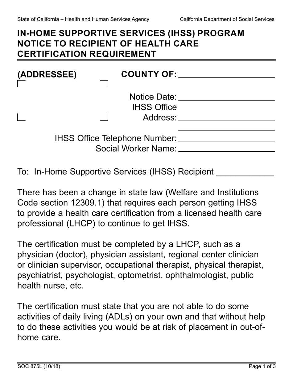 Form SOC875L In-home Supportive Services (Ihss) Program Notice to Recipient of Health Care Certification Requirement - California, Page 1