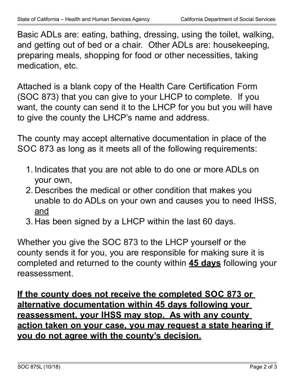 Form SOC875L In-home Supportive Services (Ihss) Program Notice to Recipient of Health Care Certification Requirement - California, Page 2