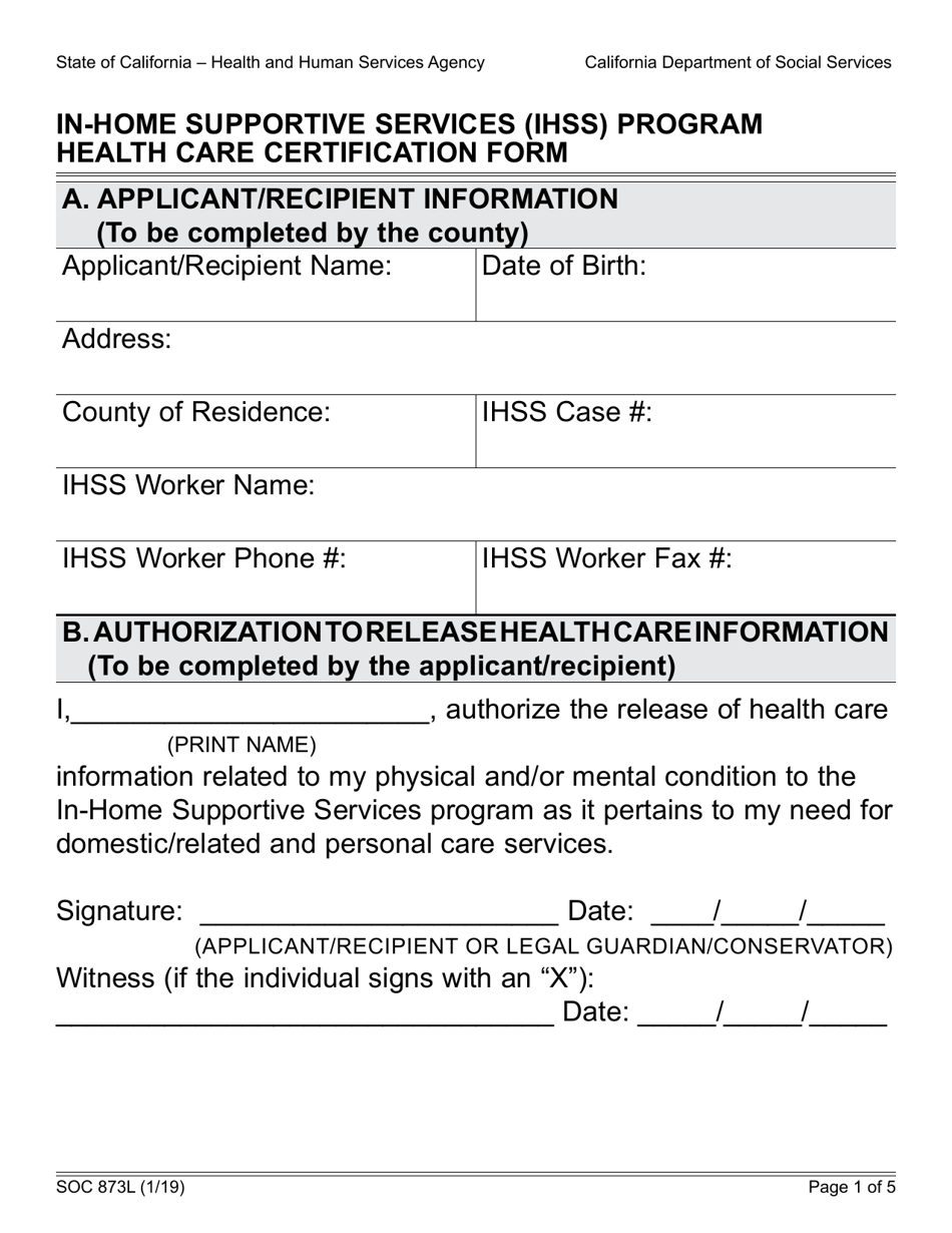 Form SOC873L In-home Supportive Services (Ihss) Program Health Care Certification Form - California, Page 1