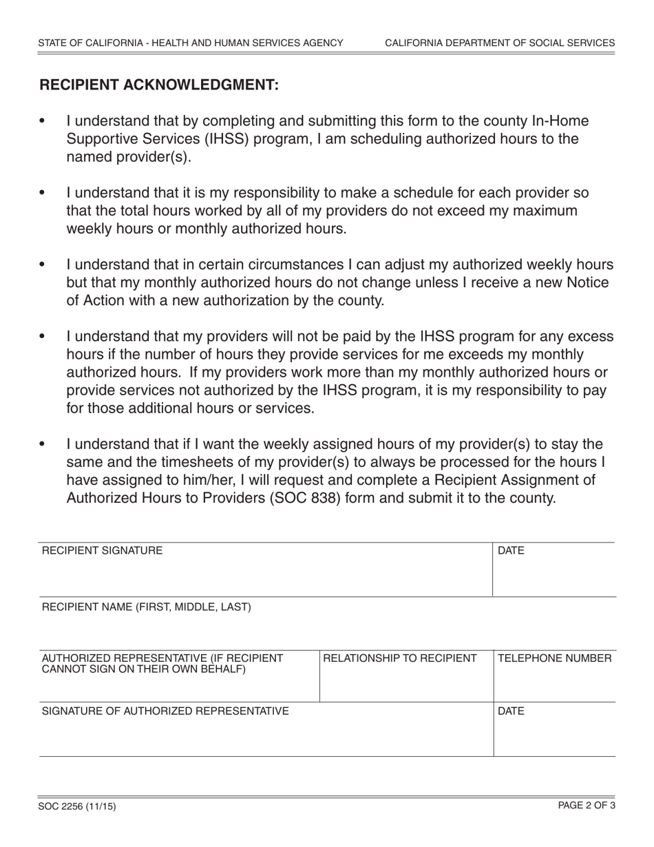 Form SOC2256 In-home Supportive Services Program Recipient and Provider Workweek Agreement - California, Page 2