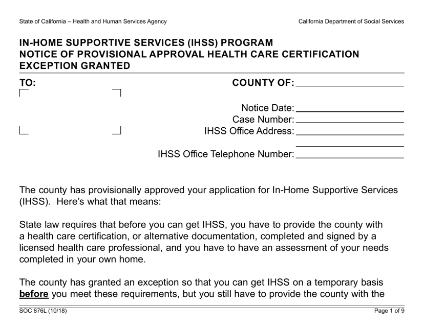 Form SOC876L In-home Supportive Services (Ihss) Program Notice of Provisional Approval Health Care Certification Exception Granted - California