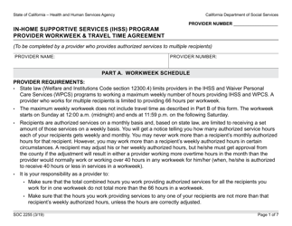 Document preview: Form SOC2255 In-home Supportive Services (Ihss) Program Provider Workweek & Travel Time Agreement - California