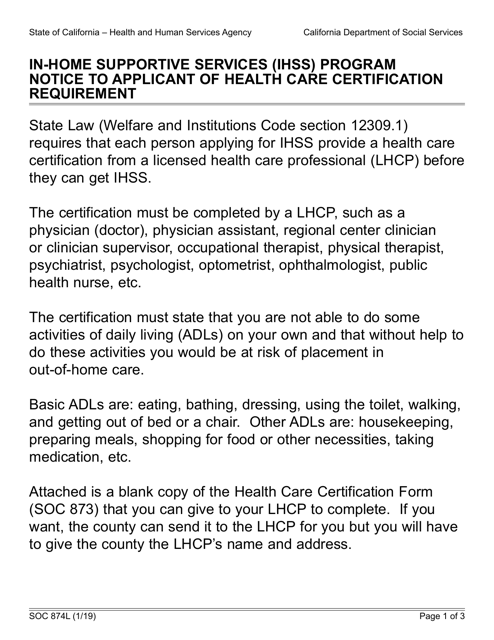 Form SOC874L In-home Supportive Services (Ihss) Program Notice to Applicant of Health Care Certification Requirement - California