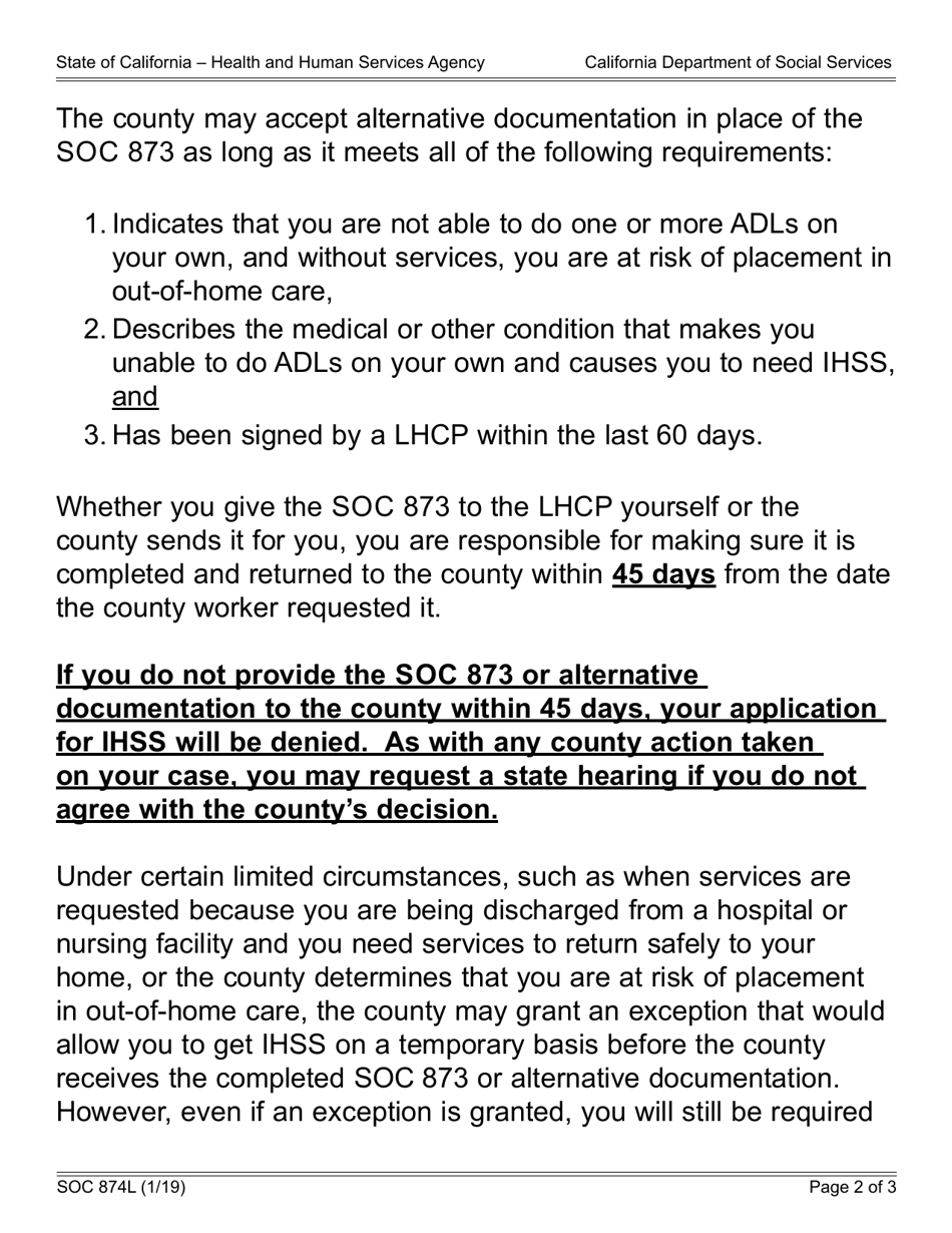 Form SOC874L In-home Supportive Services (Ihss) Program Notice to Applicant of Health Care Certification Requirement - California, Page 2